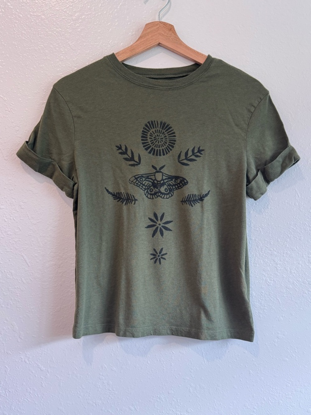 Hand Printed a new day Olive Green Short Sleeve Tee with Black Moth 🍃 Size S
